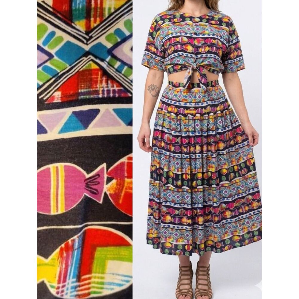 VTG 80s Colorful 2 Piece Fish Print Crop Top & Midi Skirt Set Medium Maximilist